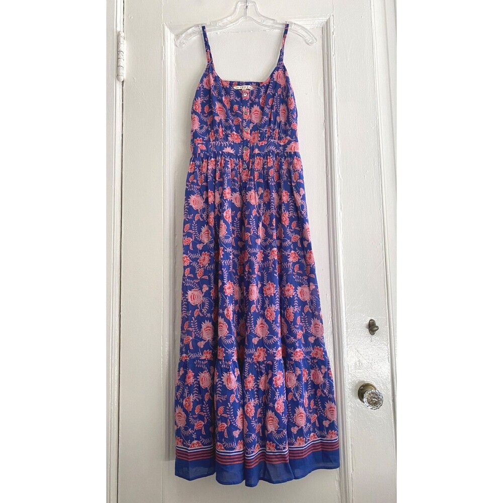 Xirena Bardot Floral Midi Dress Blue Red Cotton Button Front Spaghetti Strap S